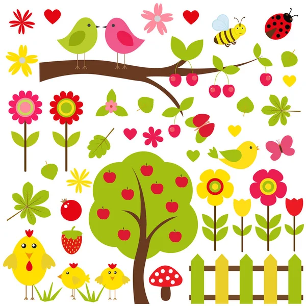 Vector set of nature. Birds sitting on a tree, among other birds, flowers, mushrooms, insects. — Stock Vector