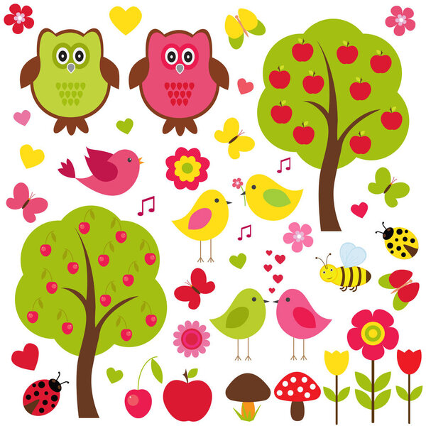 Vector set of nature. Love birds, trees with fruit, flowers and various insects.