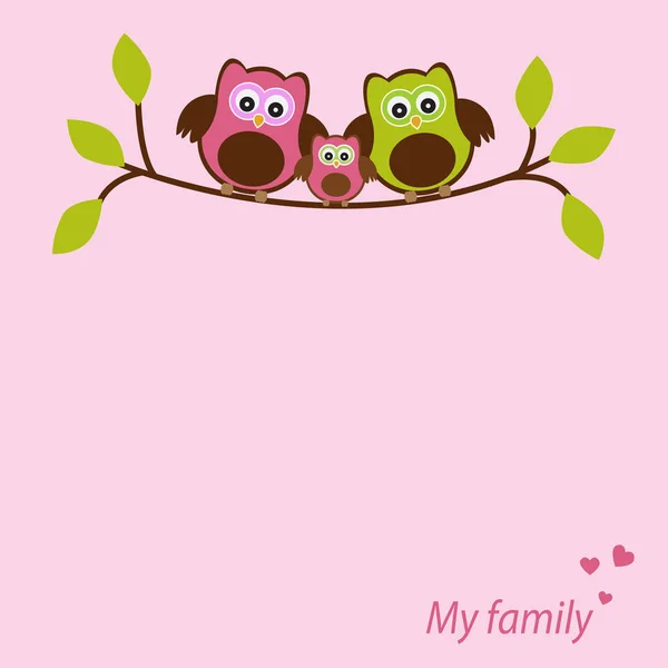 Vector frame card for the spring theme. Family owls sitting on a tree branch. — Stock Vector