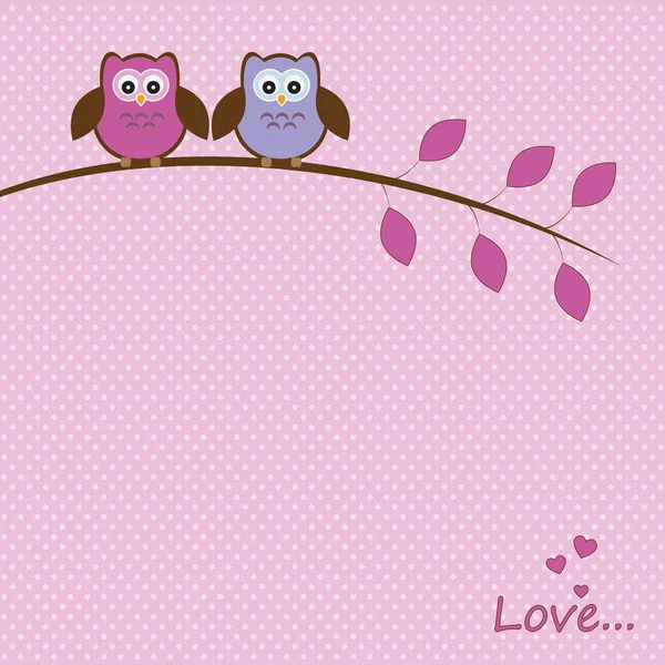 Векторная рамка, карточка с романтической темой. Love owls sitting on a branch, there 's space for photo or text — стоковый вектор