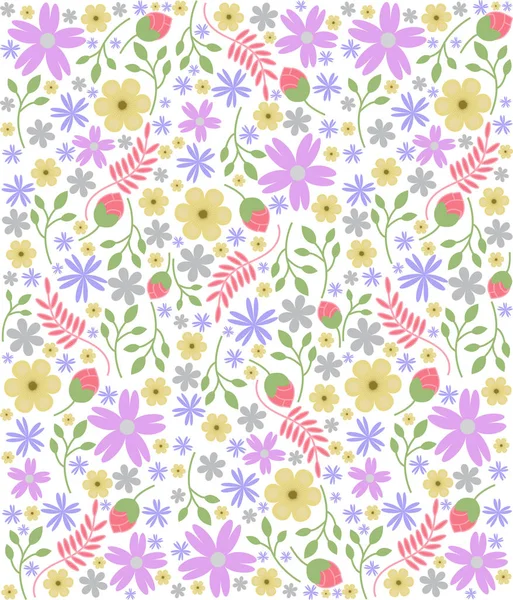Texture vectorielle florale d'une variété de fleurs, brindilles et feuilles aux couleurs douces — Image vectorielle