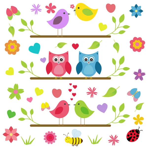 Vektor uppsättning av vårens tema. Vårträd, blommor, fjärilar, nyckelpigor, kärleks ugglor och andra fåglar — Stock vektor