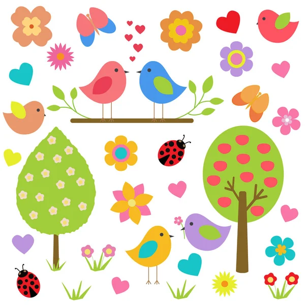Vektor uppsättning av vårens tema. Vår natur, träd, blommor, fåglar älskare — Stock vektor