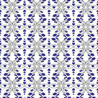 Dalların, dalların, yaprakların ve kalplerin mavi renginin vektör dikişsiz dokusu