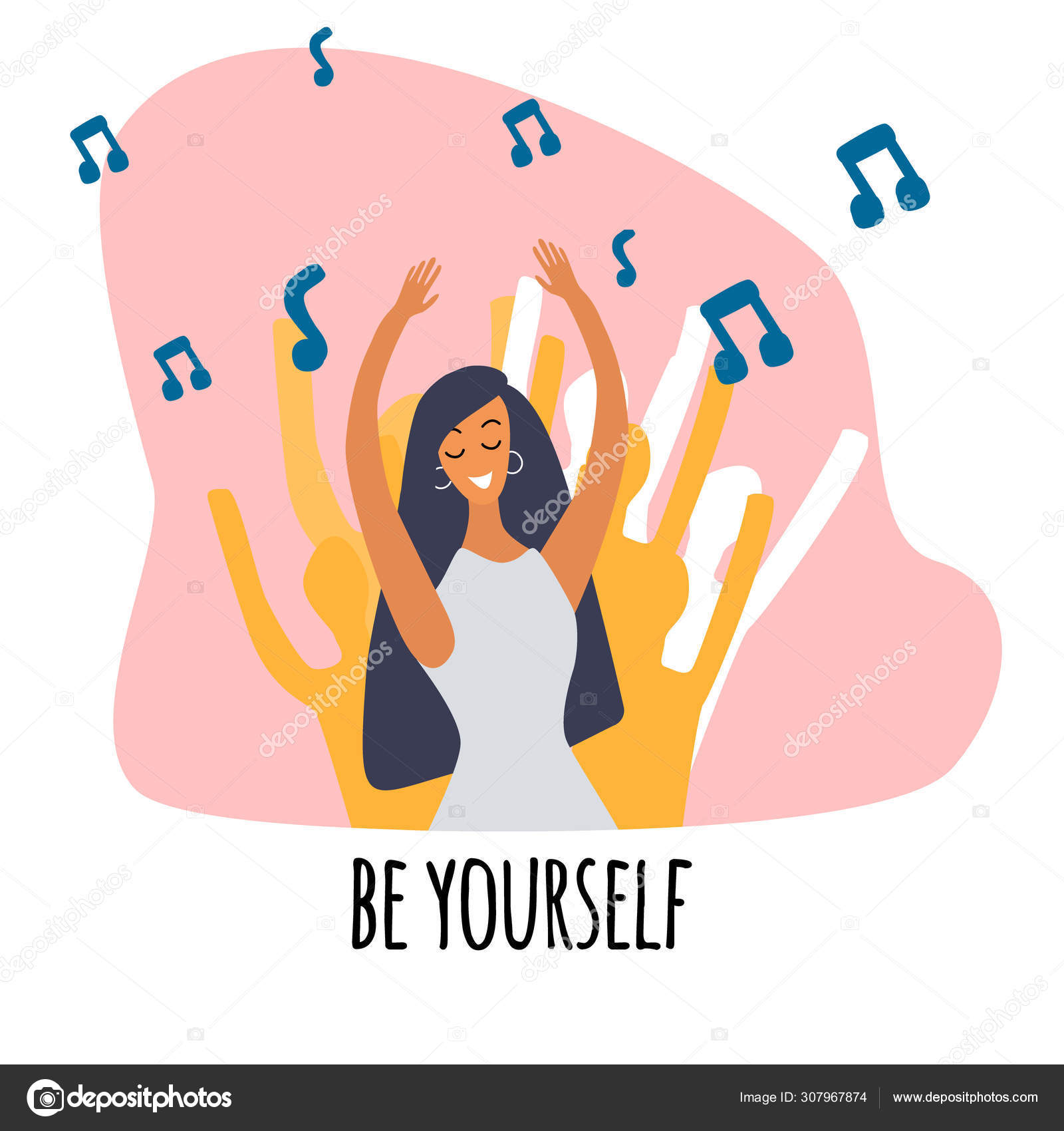 Love yourself. Vector lifestyle concept card with text be yourself.  Motivation for happy life. Cute girl having fun at the party. Cartoon  colorful illustration. Stock Vector Image by ©ElenaSharipova #307967874