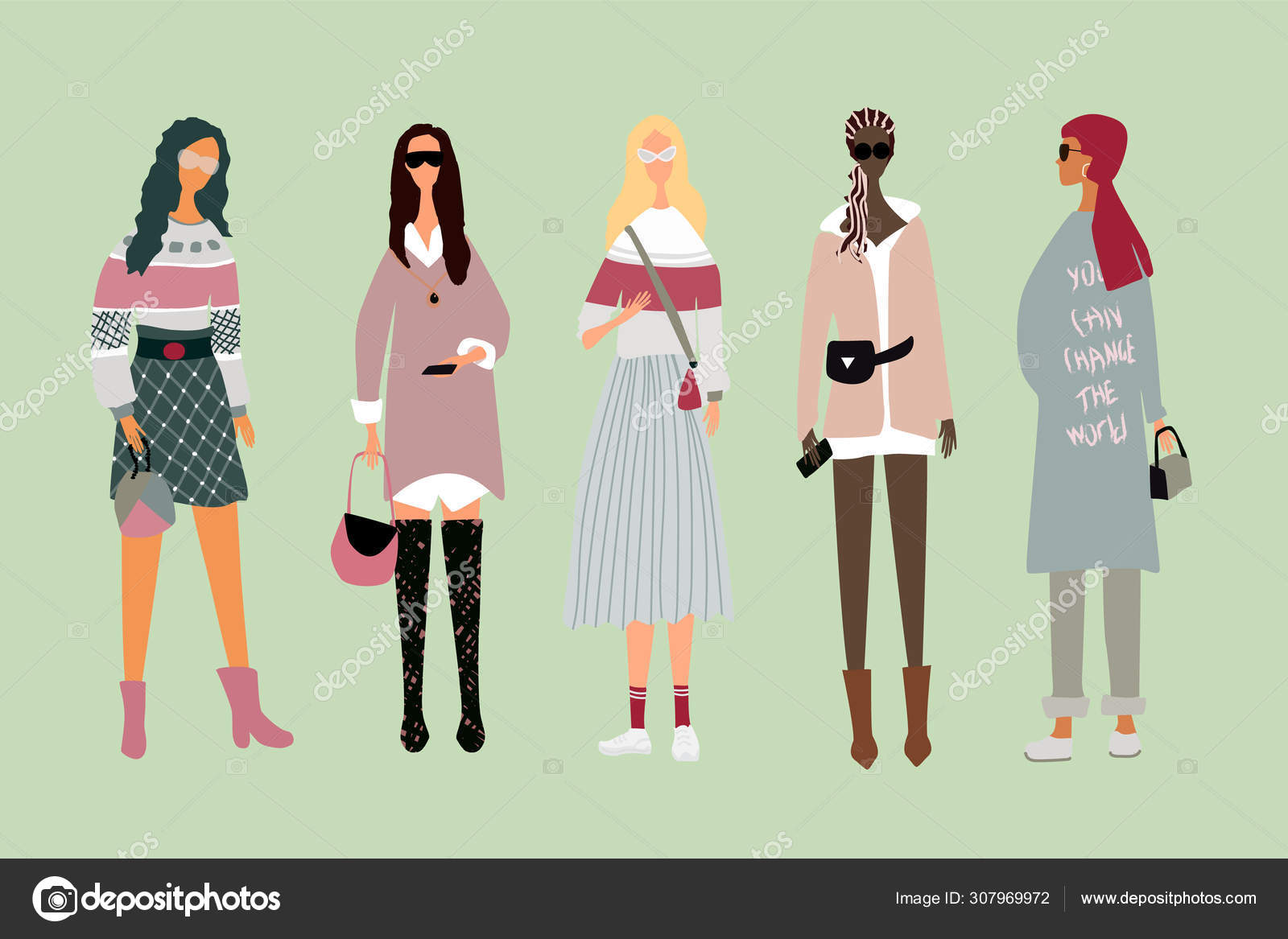 Five young women or girls dressed and standing in fashionable clothes. Group of female friends, feminists. Girl power concept. Female cartoon characters. Flat vector set. All elements are isolated Stock Vector Image Five young women or girls dressed and standing in fashionable clothes. Group of female friends, feminists. Girl power concept. Female cartoon characters. Flat vector set. All elements are isolated Stock Vector Image