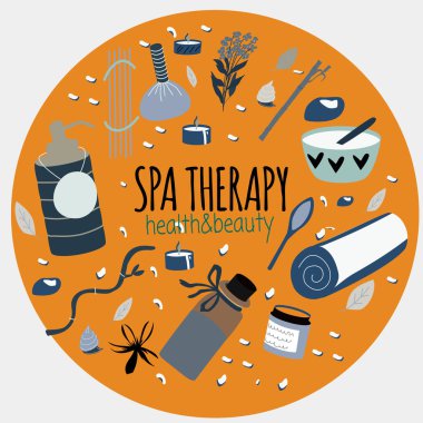 Aromaterapi, vücut bakımı, sağlıklı yaşam merkezi, dinlenmek, sağlık, tay masajı, meditasyon için spa elemanları ve tipografi Doodle seti. İzole öğeler Kartpostallar, selamlar, posterler için elle çizilmiş koleksiyon