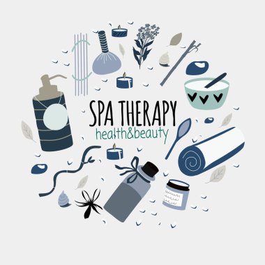 Aromaterapi, vücut bakımı, sağlıklı yaşam merkezi, dinlenmek, sağlık, tay masajı, meditasyon için tipografi ile spa elemanları Doodle seti. El çizilmiş güzellik koleksiyonu. Vektör çizimi.