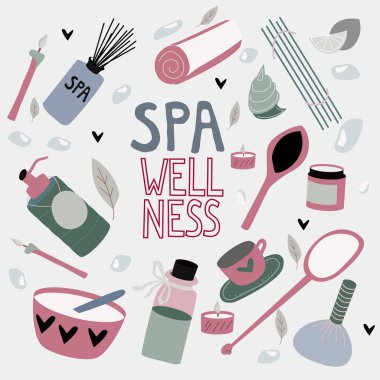 Aromaterapi, taş terapisi, vücut bakımı, sağlıklı yaşam merkezi, dinlenmek, sağlık, tay masajı, meditasyon için tipografi ile spa elemanları Doodle seti. El çizilmiş güzellik koleksiyonu. Vektör çizimi.