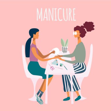 Manikürcü, manikür yapan kadın ve müşterisi tırnak bakımı için aletlerle çevrili. Kozmetik, güzellik salonu ve spa için tasarım konsepti. Manikür veya tırnak stüdyosu posteri. Düz vektör çizimi 