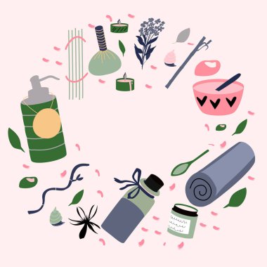 Spa düz yuvarlak çerçeve şablonu metin alanı ile. aromaterapi, taş ve bal tedavisi, vücut bakımı, sağlıklı yaşam merkezi, dinlenmek, sağlık, tay masajı, meditasyon için elemanları kümesi. Vektör çizimi.