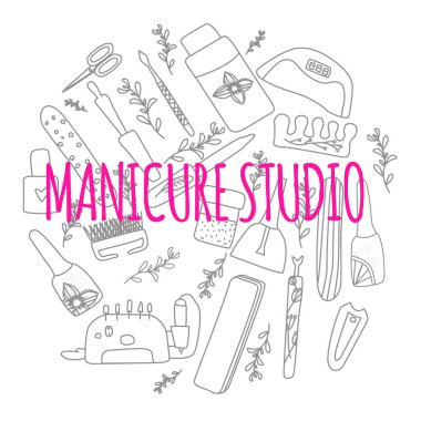 Manikür pedikür daire doodle tipografi ile ayarlayın. Tırnak stüdyosu, salon için konsept. Spa için güzellik afişi. Vektör çizimi.
