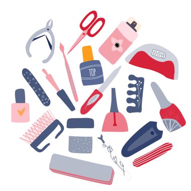 Tırnak makası, cila, krem ile Manikür pedikür ekipman vektör daire kavramı. Tırnak stüdyosu, salon için koleksiyon. Spa için güzellik afişi. Doodle vektör illüstrasyonu