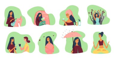 Kendinizi ve mutlu yaşam tarzı kavramı seviyorum. Kızlar veya kendine zaman ayırın kadınlar Big Set: kitap okumak, etkinliklere gitmek, oluşturmak, olumlu olmak, yoga, sağlık, cilt bakımı yapmak. Vektör çizimi. 