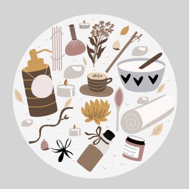 Aroma ve taş terapisi, vücut bakımı, güzellik salonu, sağlıklı yaşam merkezi, dinlenmek, sağlık, tay masajı, meditasyon için spa elemanları ayarlayın. El çizilmiş doodle koleksiyonu . Vektör çizimi.