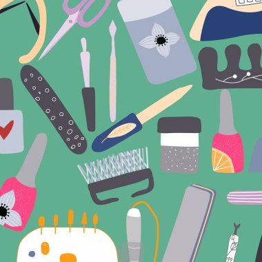 Sevimli karikatür manikür pedikür ekipman vektör desen tırnak makas, lehçe, tırnak dosyası, tırnak matkap makinesi ile ayarlayın. Tırnak stüdyosu, salon için konsept. Spa için güzellik afişi. vektör illüstrasyon