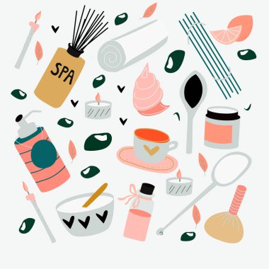 Aroma terapi, vücut bakımı, güzellik salonu, sağlıklı yaşam merkezi, dinlenmek, sağlık, tay masajı için el çizilmiş spa elemanları Doodle seti. Tebrik için güzellik koleksiyonu, kartpostal Vektör illüstrasyon.