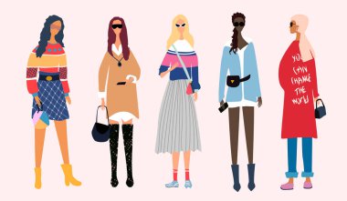 Beş genç kadın ya da kız birlikte ayakta trendy, şık giysiler giymiş. Bir grup kadın arkadaş, feministler. Kız güç kavramı. Kadın çizgi film karakterleri. Tüm öğeler izole edilmiştir