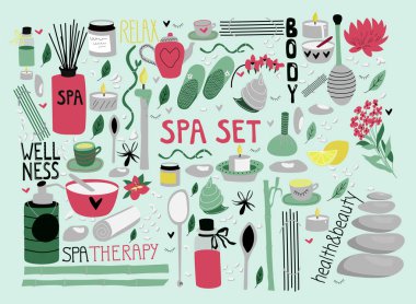 Aromaterapi, taş terapisi, vücut bakımı, güzellik salonu, sağlıklı yaşam merkezi, dinlenmek, sağlık, tay masajı, meditasyon için spa elemanları Doodle seti. El çizilmiş güzellik koleksiyonu. Vektör çizimi.