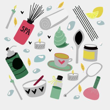 Aroma terapi, vücut bakımı, güzellik salonu, sağlıklı yaşam merkezi, dinlenmek, sağlık, tay masajı, meditasyon için el çizilmiş spa elemanları Doodle seti. Güzellik koleksiyonu. Vektör çizimi.
