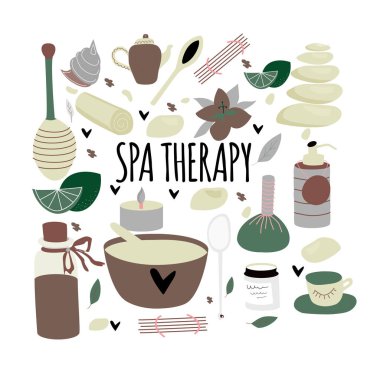 Aromaterapi, taş ve bal terapisi, vücut bakımı, sağlıklı yaşam merkezi, dinlenmek, sağlık, tay masajı, meditasyon için tipografi ile spa elemanları Doodle seti. El çizilmiş Vektör illüstrasyon.