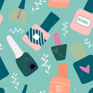 Seamless pattern of multicolored nail polish in a cartoon style. bottles filled with transparent varnish. Manicure salon or nail studio illustration, poster, banner.  Vector illustration. clipart