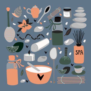 Spa, aromaterapi, taş terapisi, vücut bakımı, güzellik salonu, sağlıklı yaşam merkezi, dinlenmek, sağlık, tay masajı için izole elemanları Doodle seti. El çizilmiş güzellik koleksiyonu. Vektör çizimi.