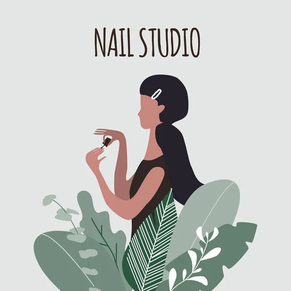 A young pretty woman or girl with hairpin painting nails in big plants. Design concept for cosmetics, beauty salon and spa. Manicure or nail studio poster. Vector illustration. — Stock Vector
