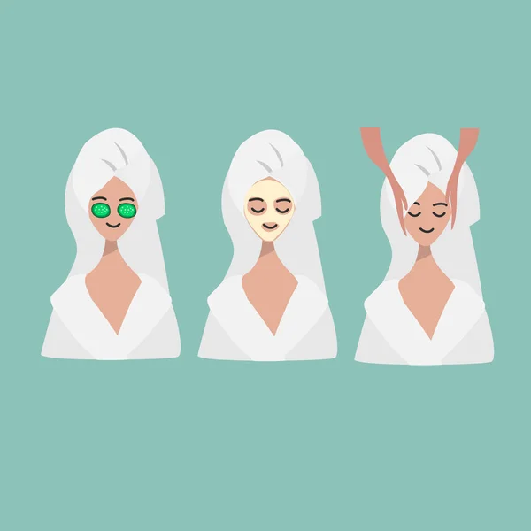 Три лица женщины в спа-процедурах: массаж лица, маска для лица. Салон красоты, плакат оздоровительного центра, баннер. Ручное рисование понятия красоты. Векторная иллюстрация — стоковый вектор