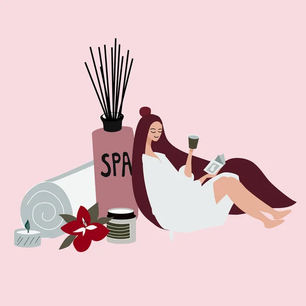 Young girl or woman is reading book, drinking and relaxing  in spa salon. Beauty salon, wellness center poster, banner. Hand drawn concept of beauty. Vector illustration. — Stock Vector