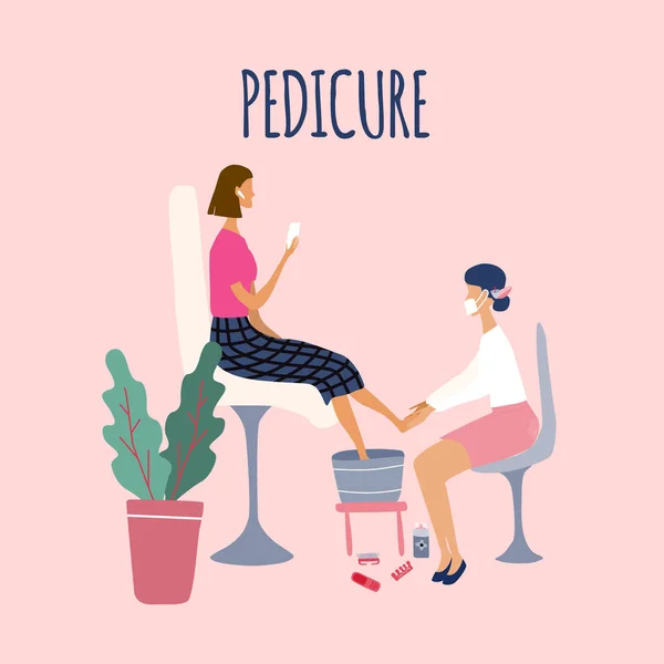 Woman or girl  performing pedicure and her client surrounded by tools and cosmetics for nail care. Concept for beauty salon. Colorful vector illustration in flat cartoon style. — Stock Vector