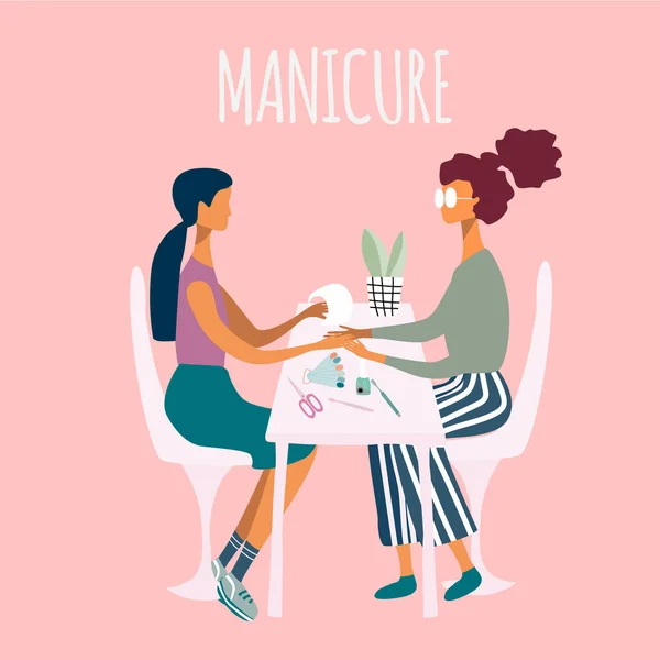 Manicure, mulher realizando manicure e seu cliente cercado por ferramentas para o cuidado das unhas. Conceito de design para cosméticos, salão de beleza e spa. Cartaz de estúdio de manicure ou unhas. Ilustração vetorial plana —  Vetores de Stock