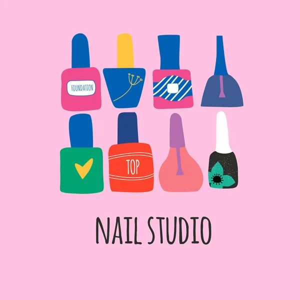 Set of multicolored nail polish in a cartoon style with typography. bottles filled with transparent varnish. Manicure salon or nail studio or bar  illustration, poster, banner. Vector illustration. — Stock Vector
