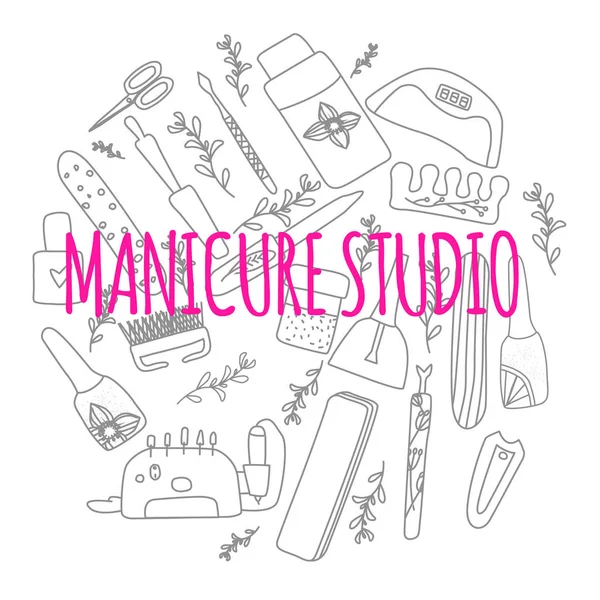 Manikür pedikür daire doodle tipografi ile ayarlayın. Tırnak stüdyosu, salon için konsept. Spa için güzellik afişi. Vektör çizimi.