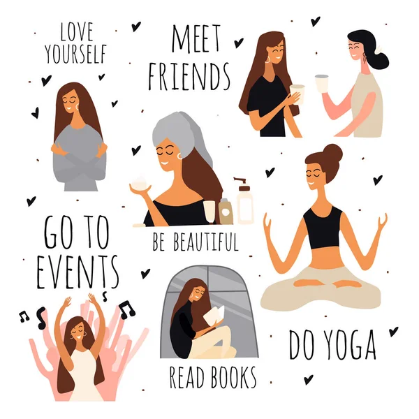 Love yourself vector set. Happy lifestyle poster. Motivation for women to take time for yourself: read books, go to events, meet friends, do yoga, healthcare, skincare. Vector illustration. — Stock Vector