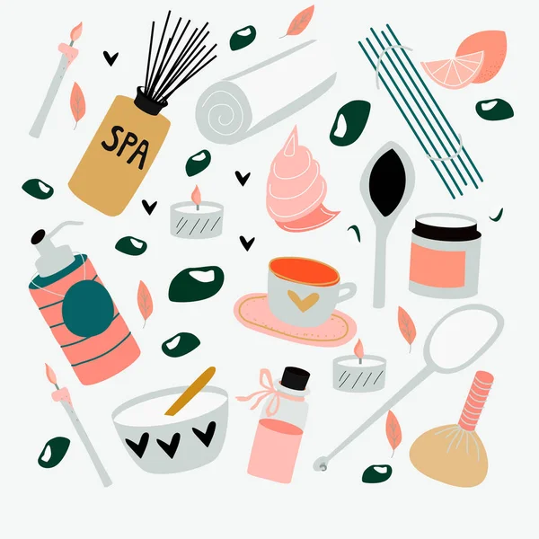 Doodle conjunto de elementos de spa dibujados a mano para la terapia del aroma, cuidado del cuerpo, salón de belleza, centro de bienestar, relajarse, salud, masaje tailandés. Colección de belleza para saludo, postal Vector ilustración . — Vector de stock