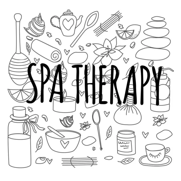 Doodle conjunto de spa elementos em preto e branco com tipografia para aromaterapia, pedra e mel terapia, cuidados com o corpo, centro de bem-estar, relaxar, saúde, massagem tailandesa, meditação. Ilustração vetorial . —  Vetores de Stock