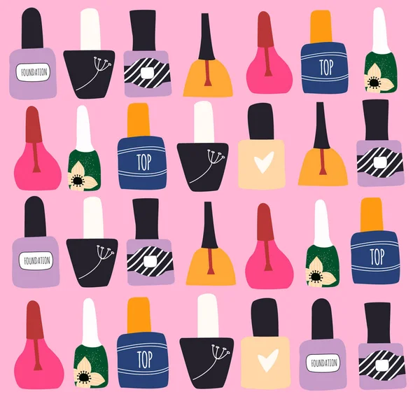 Big set of multicolored nail polish in a cartoon style. bottles filled with transparent varnish. Manicure salon or nail studio or bar  illustration, poster, banner, background. Vector illustration. — Stock Vector