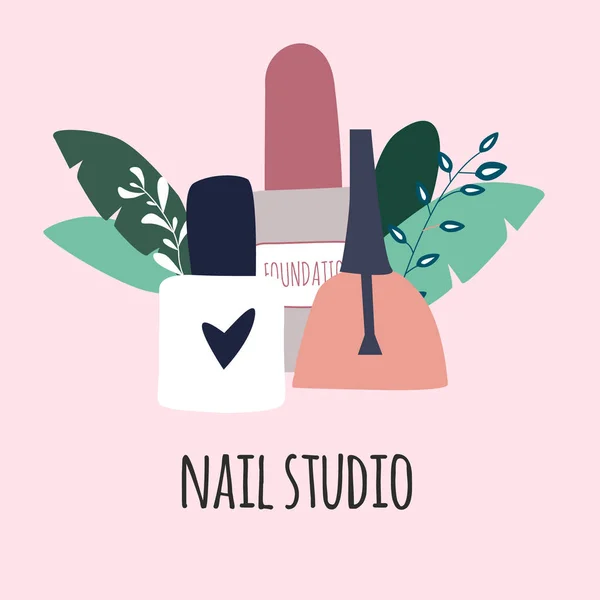 Composition of nail polish in big leaves. bottles filled with transparent varnish. Manicure salon or nail studio   illustration, poster, banner. Hand drawn concept of beauty. Vector illustration. — Stock Vector