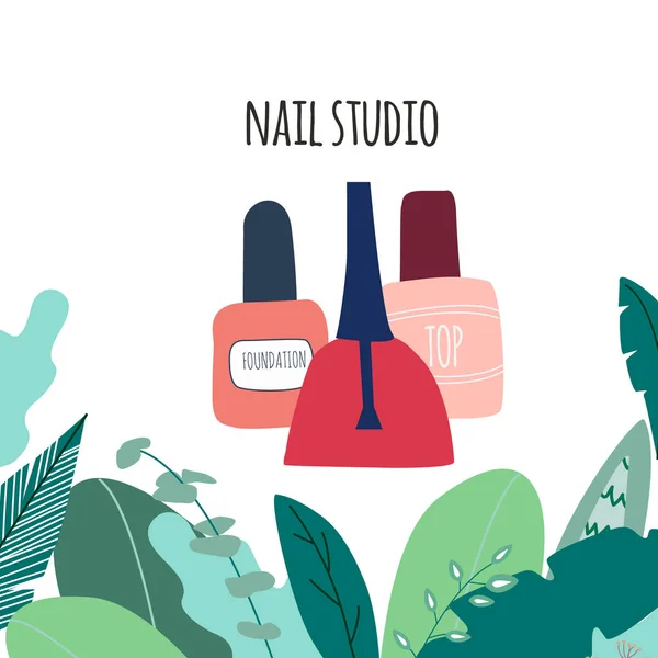 Composition of three multicolored nail polish in big leaves with typography. bottles filled with transparent varnish. Manicure salon or nail studio  illustration, poster, banner. Vector illustration. — Stock Vector