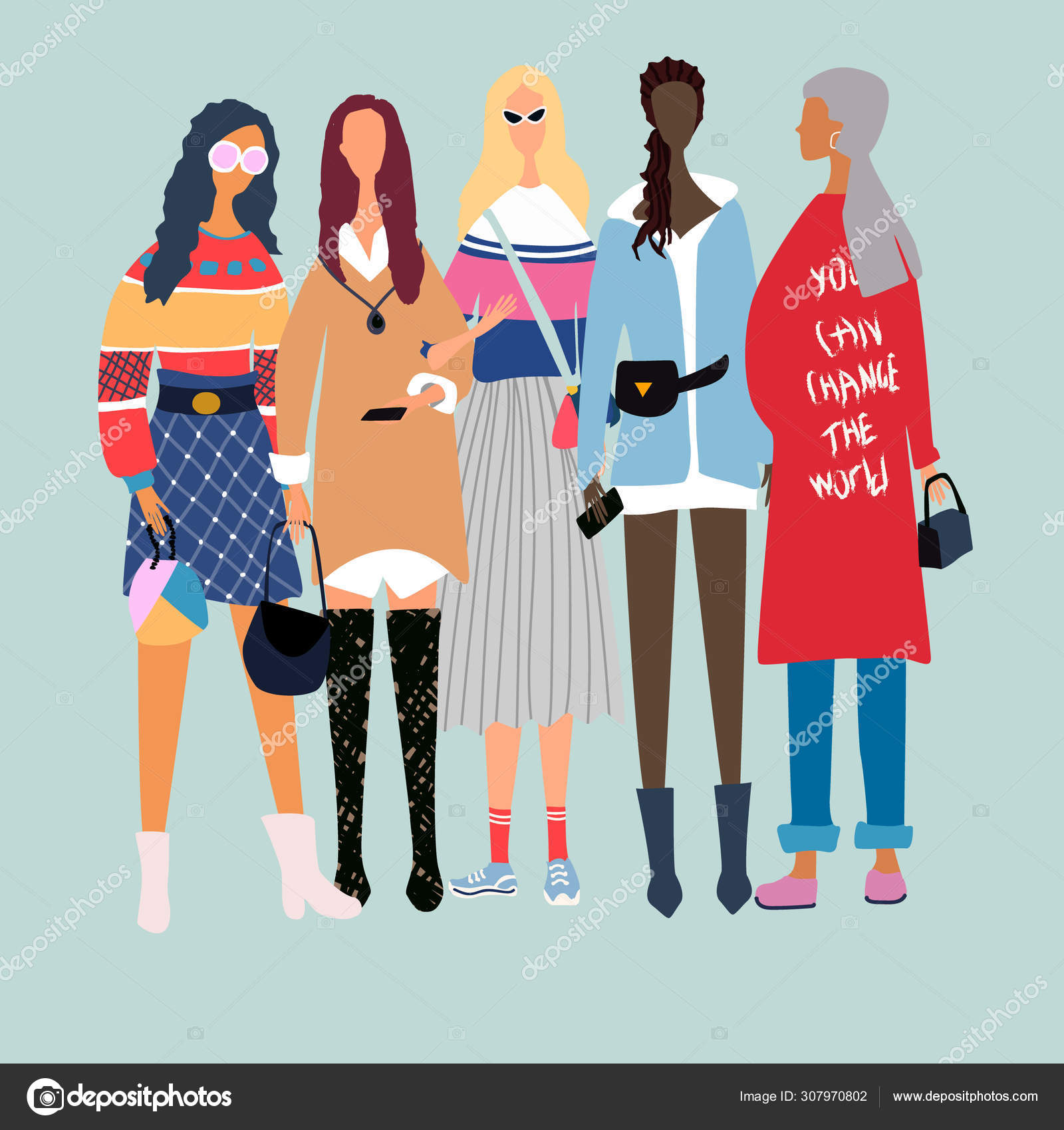 Five young women or girls dressed in trendy, fashionable clothes standing  together. Group of female friends, union of feminists, sisterhood. Girl  power concept. Female cartoon characters. Stock Vector Image by  ©ElenaSharipova #307970802