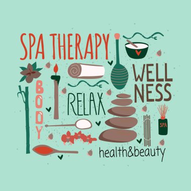 Spa terapisi, taş ve bal, vücut bakımı, güzellik salonu, sağlıklı yaşam merkezi, dinlenmek, sağlık, tay masajı için spa elemanları ve tipografi seti. 