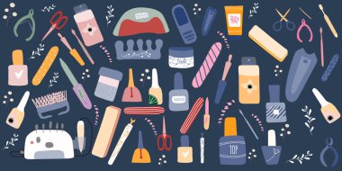 Tırnak makası, cila, alet ile manikür pedikür ekipmanları büyük set. Tırnak stüdyosu, salon için konsept. Spa için güzellik afişi. Doodle vektör illüstrasyonu