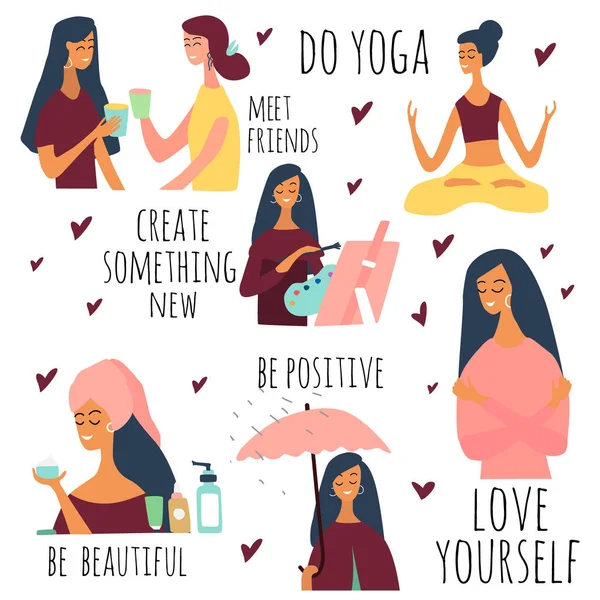 Love yourself vector set. Happy lifestyle poster. Motivation for women to take time for yourself:go to events, create, be positive, do yoga, healthcare, skincare. Vector illustration. — Stock Vector