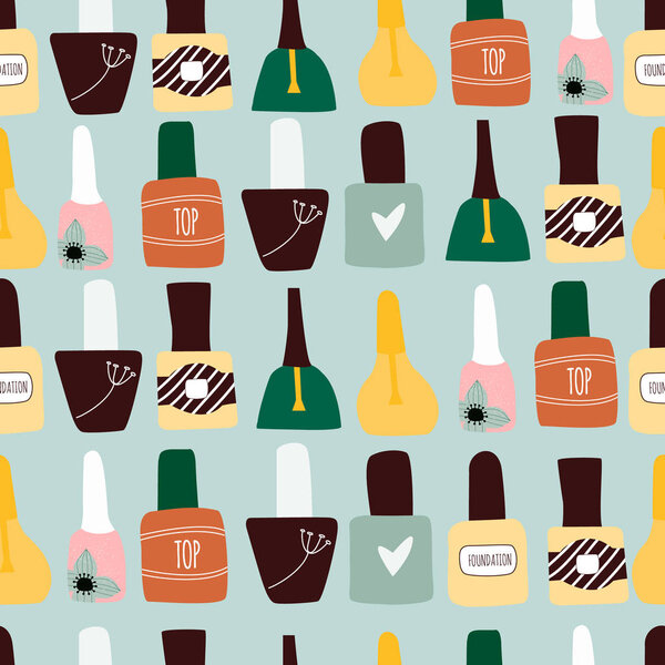 Seamless pattern of multicolored nail polish in a cartoon style. bottles filled with transparent varnish. Manicure salon or nail studio or  illustration, poster, banner. Vector illustration.