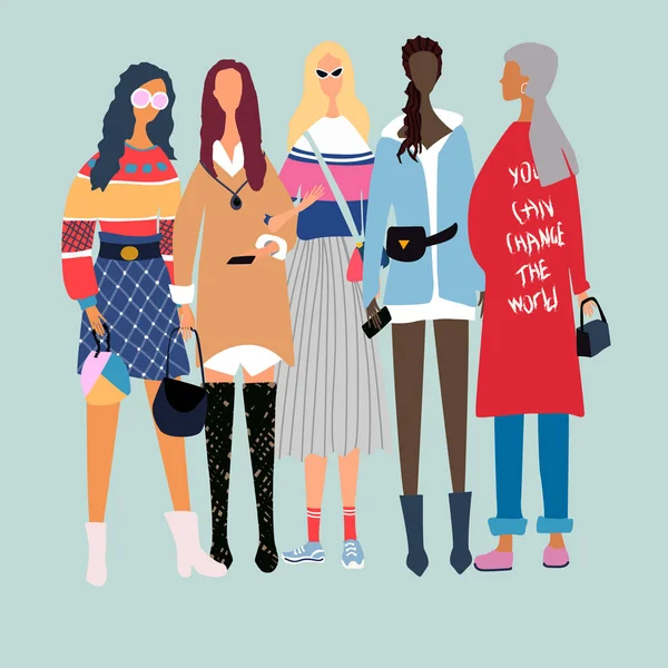 Five young women or girls dressed in trendy, fashionable clothes standing together. Group of female friends, union of feminists, sisterhood. Girl power concept. Female cartoon characters. — Stock Vector