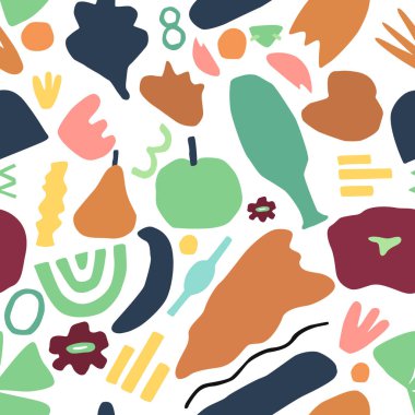 Soyut çağdaş trendy tarzı sorunsuz desen. Doodle çeşitli şekiller. Baskı, poster, afiş, kart, el ilanı için renkli vektör illüstrasyon