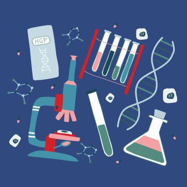 Genetic engineering and genome sequencing set of flat isolated elements: helix DNA, microscope, chromosome, test tubes, cells, nucleotides, book. vector illustration. clipart