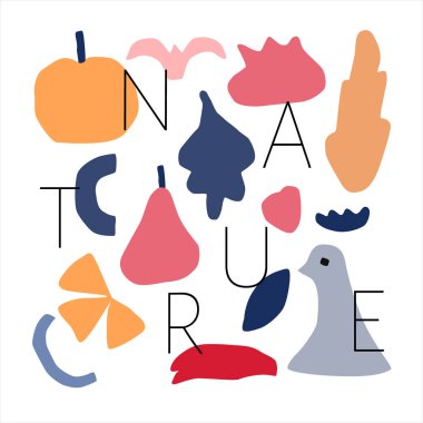 Doğa metin ile soyut çağdaş trendy baskı. Meyve, yaprak, kuş el çizilmiş modern set. Doğal tema. İç, baskı, sepet, afiş için Parlak Vektör çizimi.