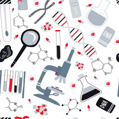 Genetik mühendisliği ve genom veya gen dizilimi izole elementlerin kusursuz desen: sarnek Dna, donör Dna, mikroskop, kromozom, test tüpleri, hücreler, cas9 Rna, nükleotidler, kitaplar. 